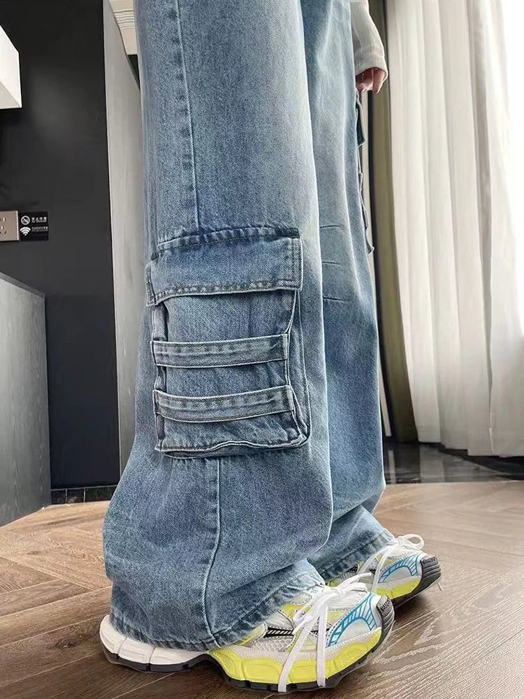 Bxoxo Street Vintage Cargo Jeans Women New Y2K Harajuku Wash Blue Multiple Pockets Baggy Jeans Denim Pants Bf High Waist Wide Trousers