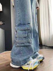 Bxoxo Street Vintage Cargo Jeans Women New Y2K Harajuku Wash Blue Multiple Pockets Baggy Jeans Denim Pants Bf High Waist Wide Trousers
