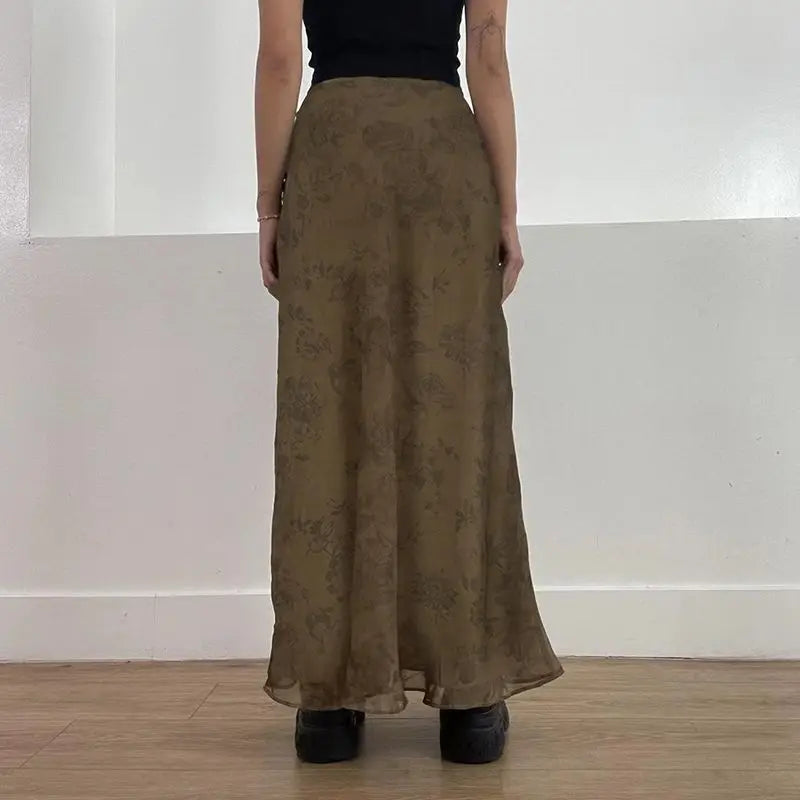 BXOXO Vintage Long Skirt Women Floral Print Low Rise Ladies Midi Skirts Y2K High Street Retro Aesthetic Casual Mesh Skirts