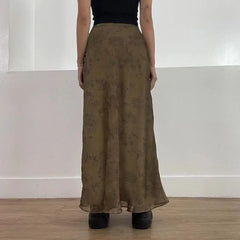 BXOXO Vintage Long Skirt Women Floral Print Low Rise Ladies Midi Skirts Y2K High Street Retro Aesthetic Casual Mesh Skirts