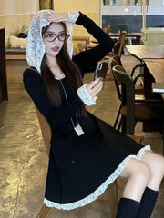 Bxoxo Women's French Lace Patchwork Y2K Dress Hooded Long Sleeves Slim Waist A-Line Short Skirt 2025 New Spring Summer Chic Vestidos