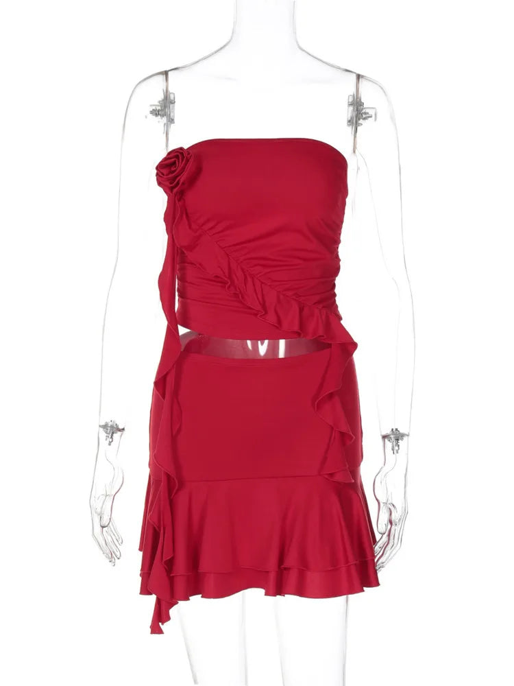 BXOXO Sexy Women Dress Sets Rose Strapless Crop Tops And Mini Skirt Sets Female Elegant Ruffled Club Party Two Piece Sets