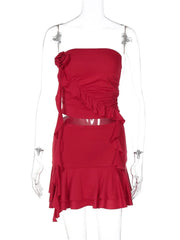 BXOXO Sexy Women Dress Sets Rose Strapless Crop Tops And Mini Skirt Sets Female Elegant Ruffled Club Party Two Piece Sets