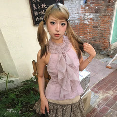 BXOXO Y2k Japanese Tank Tops Women Leopard Sleeveless T-shirt Streetwear Fairycore 2000s Aesthetic Lace Camis Ruffles Summer