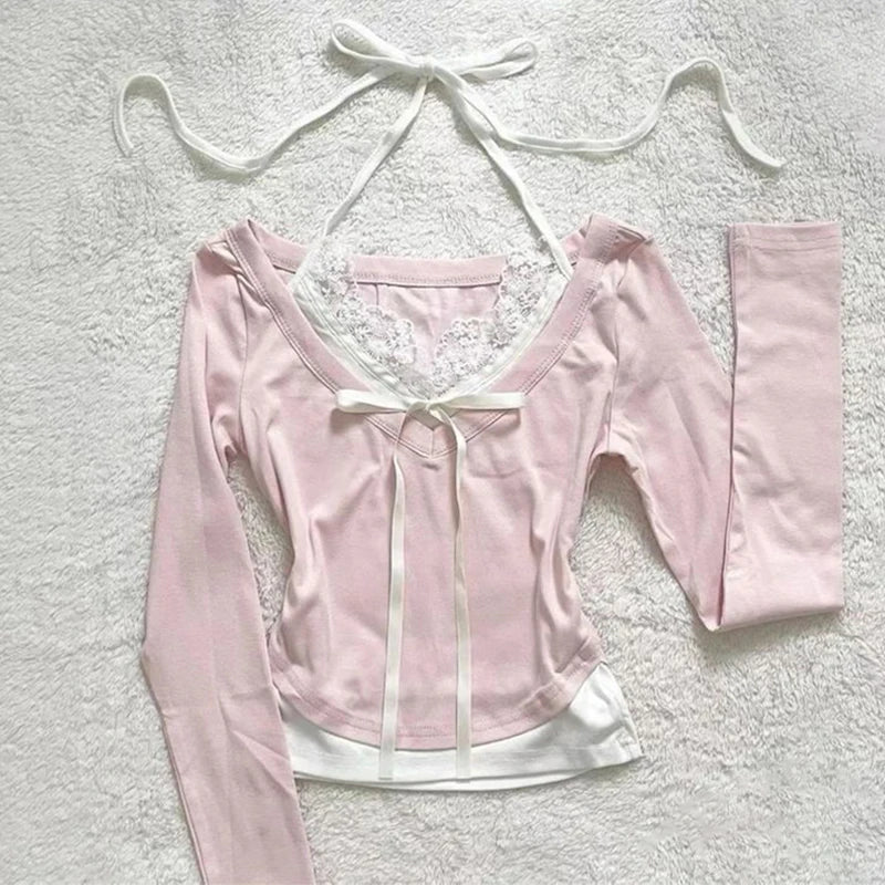 BXOXO Y2k Summer New Solid Sling Tops Kawaii Lace Bow Inside A Sling Vest 90s Aesthetics Crop Top Women Pink Tank Top Fashion Punk Top