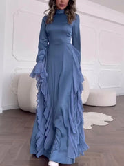 BXOXO Elegant Long Sleeved Ruffled Round Neck Maxi Dress For Women's Spring New 2025 Party Club Evening Dress Slim Vestidos