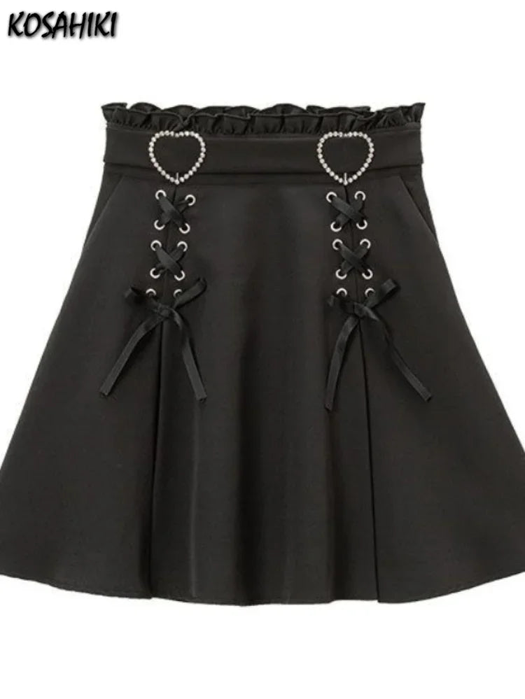 BXOXO 2025 Y2k Aesthetic Harajuku Style Sweet Girl High Waist Mini Bandage Skirt Slim Women Solid Streetwear Gothic Jk Saia Feminina