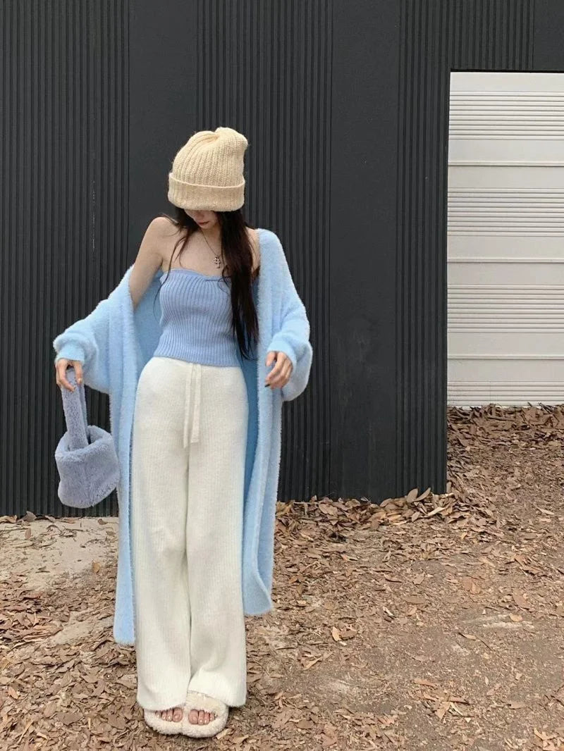 Bxoxo New Imitation Mink Coat Slimming Autumn And Winter Loose Fitting Long Sweater Thickened Lazy Knitted Cardigan Jacket White