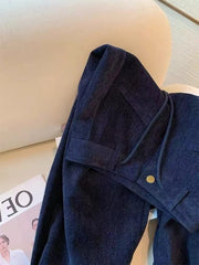 Bxoxo Navy Corduroy Casual Pants for Women Fall Plush Thick Streetwear Lace Up Wide Leg Pants High Waist All Match Straight Trousers