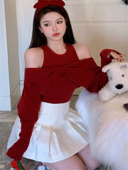 Bxoxo New Spring Fashion Off Shoulder Sweater Bottoming Top Women Big Bow Red Black Beige Knit Slim Pullover Long Sleeve Knitwear