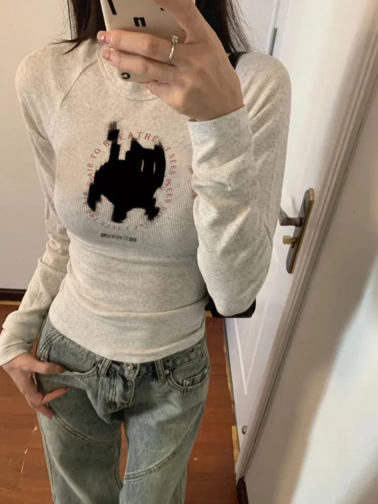 BXOXO New Fashion Kawaii Cat Print Grunge T-shirts 2025 Autumn Sweet Flower Grey Crop Top Women Y2k Aesthetic Al Match Harajuku Tees