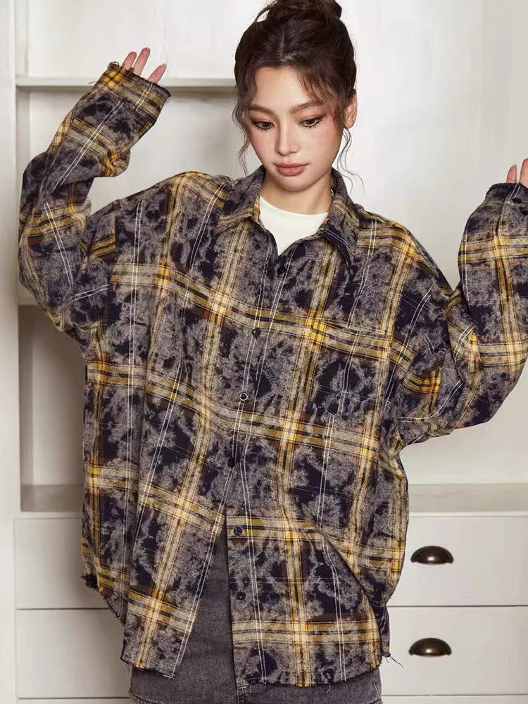 Bxoxo Autumn Tie Dye Plaid Shirt for Women Y2K American Loose Single Breasted Female Tops Korean Streetwear Casual Long Sleeve Blouse