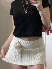 BXOXO Y2k Knitted Short Skirt Preppy Style Cute Young Girl Streetwear Aesthetic Fairycore Drawstring Women Skirts Fall Winter Clothing
