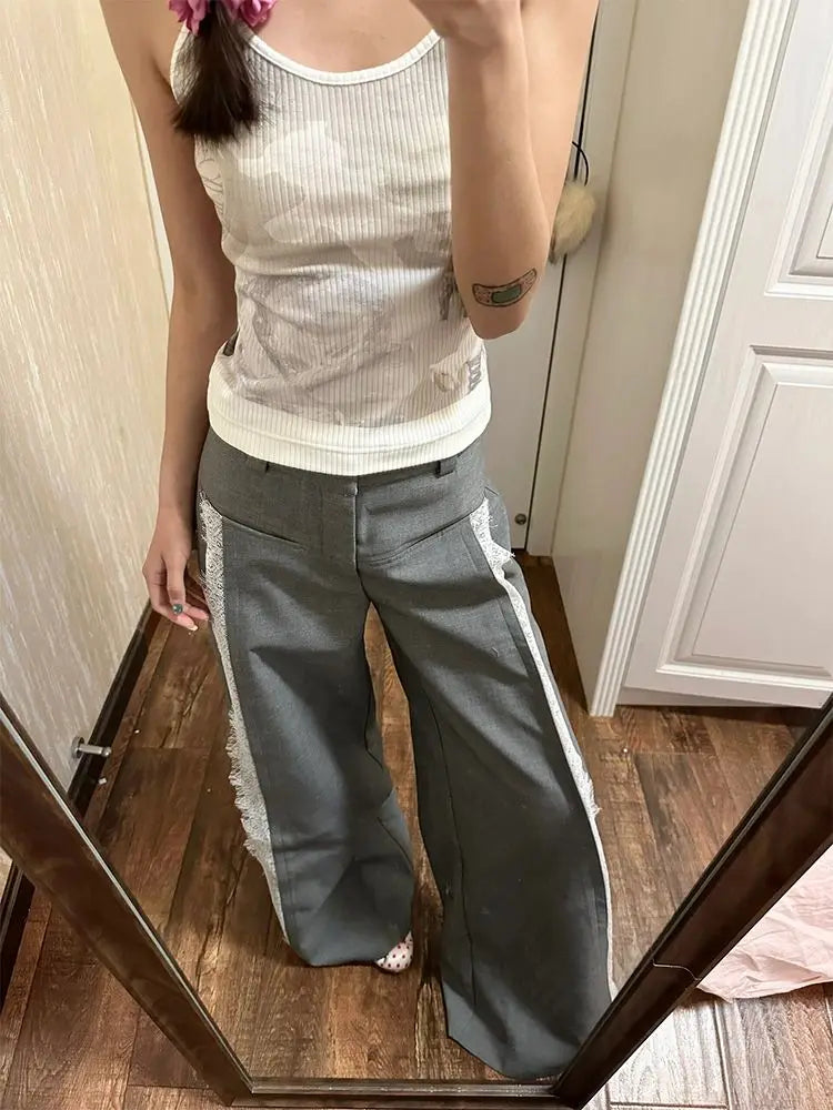 Bxoxo Y2k Gray Lace Women Suit Pants Vintage Harajuku Patchwork Wide Leg Korean Fashion Baggy Trousers Elegant Casual Sweet