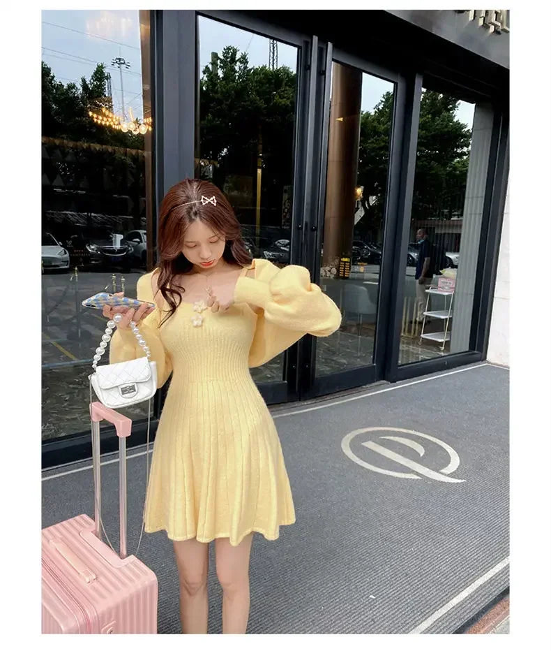 Bxoxo  Korean Autumn Winter Sweet Knitted Two Piece Dress Set Women Strap +Casual Coat Dress Set Style Solid Dress Suit