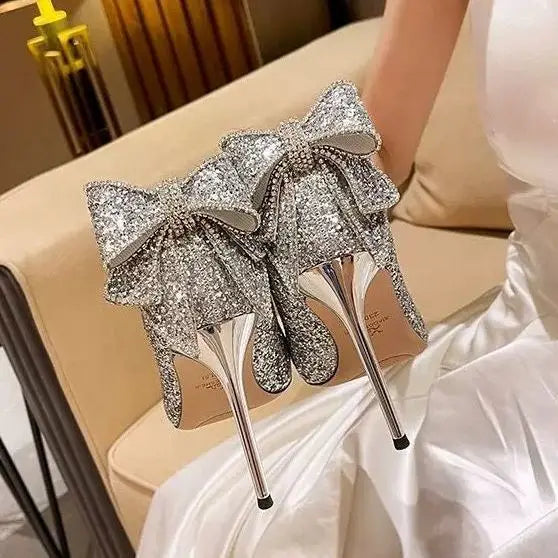 Bxoxo Shoes for Woman Stilito Silver Women's Summer Footwear Wedding Bride Shoe Rhinestone Pointed Toe Super High Heel Diamond 39