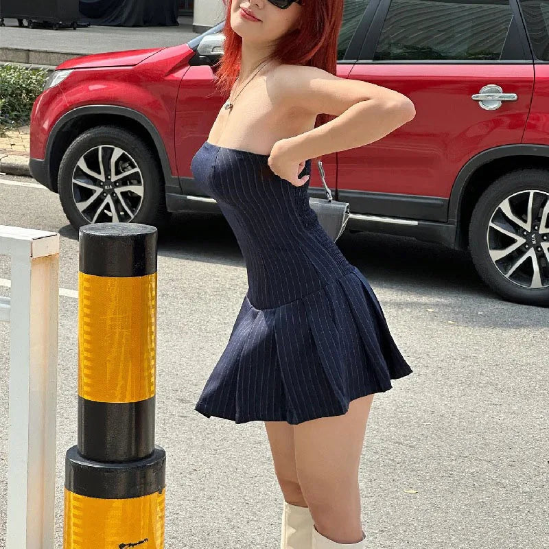 Bxoxo Fashion Stripe Slash Neck Dress Women Y2K Sleeveless Slim Splicing Pleated Dress Sexy Chest Wrap Off Shoulder Mini Vestidos New
