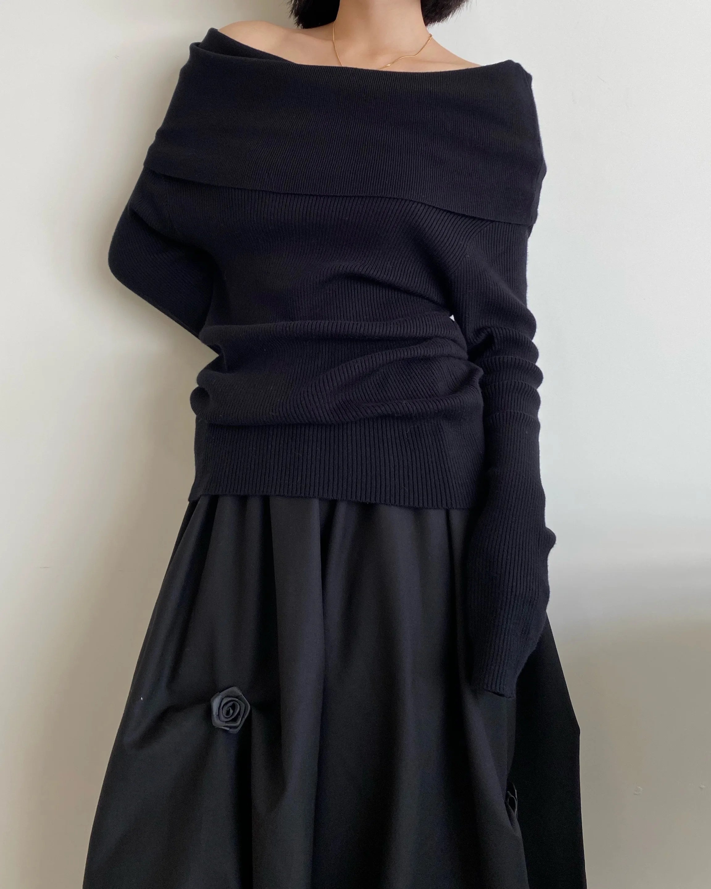 Bxoxo Spring Autumn Off Shoulder Women Sweaters Elegant Vintage Knitted Solid Jumper High Stretch Top  C-038