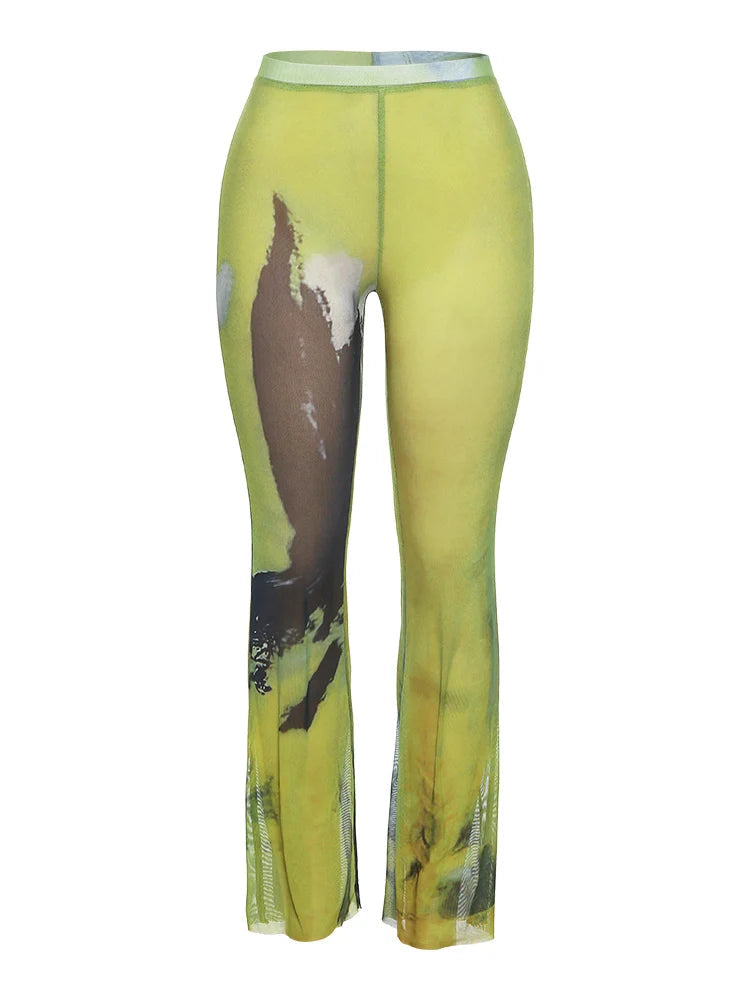 BXOXO Mesh Tie Dye Straight Pants Women Sexy Summer Trend See Through Thin Skinny Streetwear Wild Elastic Activity Bottoms