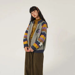 Bxoxo Vintage Rainbow Striped Sweater for Women Winter New Soft Long Sleeve Knitted Cardigan Female Harajuku Loose O Neck Zipper Coat