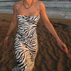 BXOXO Fashion Women's Zebra Print Cami Dress Sleeveless Tie Backless Bodycon Long Dress Summer Beach Party Sun Dress