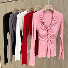 BXOXO Girls Cotton Twisted V-neck T-Shirts Tees Female Long Sleeve High Elasticity Elegant Stretchy Tshirt Tops For Women