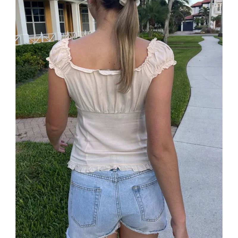 Bxoxo y2k Tank Top Women Summer Clothes Solid Color Cap Sleeve Button Down Slim Fit Frill T Shirt 2000s Vest Streetwear