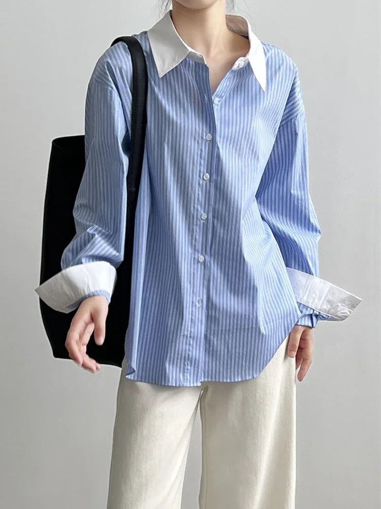 Bxoxo  Spring New Blouse Blue and White Striped Contrasting Design Shirts Women Korean Fashion Loose Versatile Mid-length Top Wome