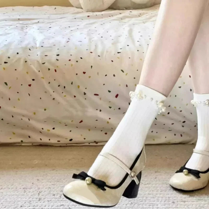 Bxoxo Mary Jane Single Shoes Women's Pearl High Heels Retro Spring New Style French Evening Breeze Style round Toe Rubber Outsole