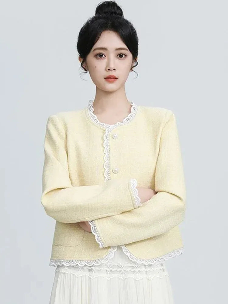 Bxoxo Sweet Yellow Tweed Jackets Women Vintage Lace Patchwork Elegant Short Coat French Retro Casual O Neck Long Sleeve Fall Outwear