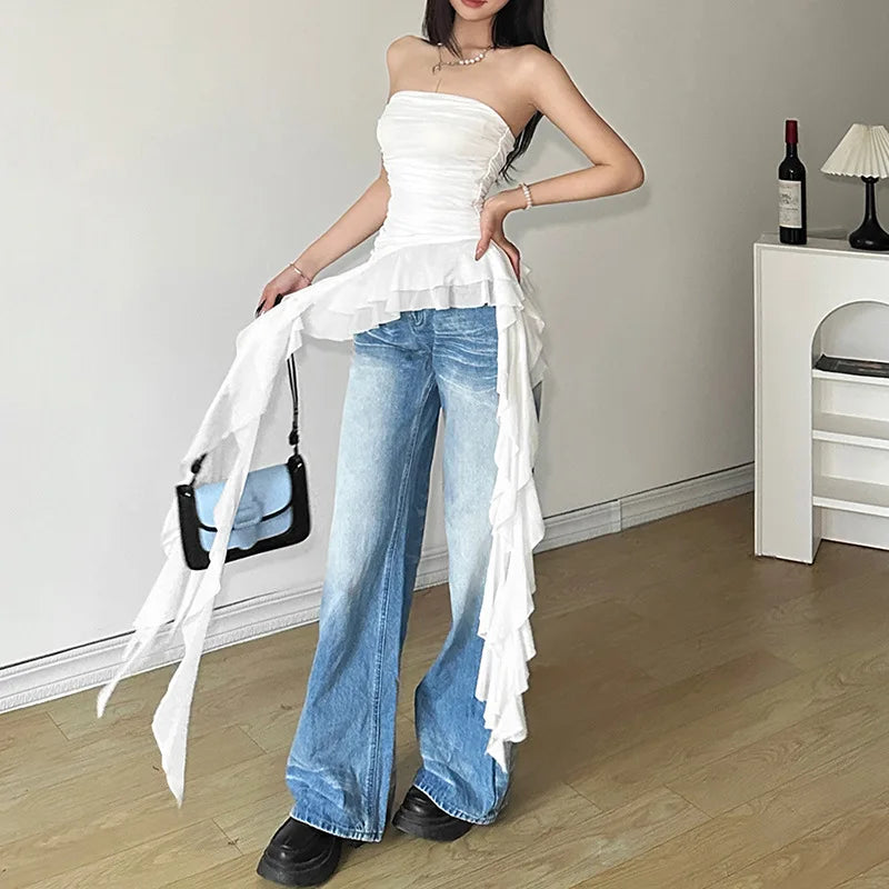 Bxoxo  Spring New Solid Color Sweet Gentle Cute All-match High Street Travel Sexy Cool Women Chest Wrap ruched Tassel Vest