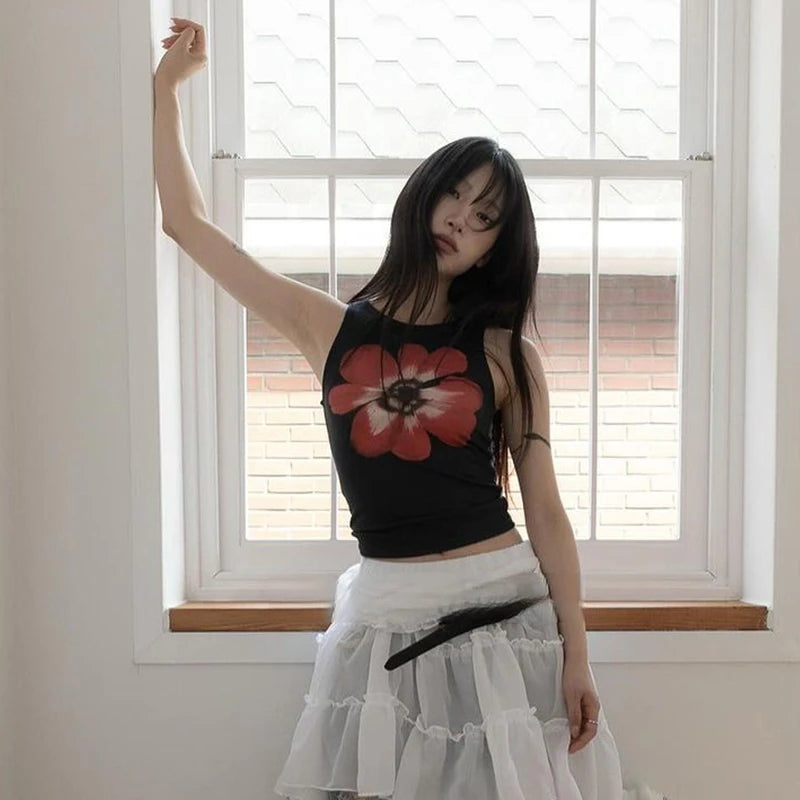 BXOXO Y2k Print Tank Women Floral Sleeveless T Shirt Streetwear Vintage Grunge Crop Tops 2000s Aesthetic Japanese Vest Tops