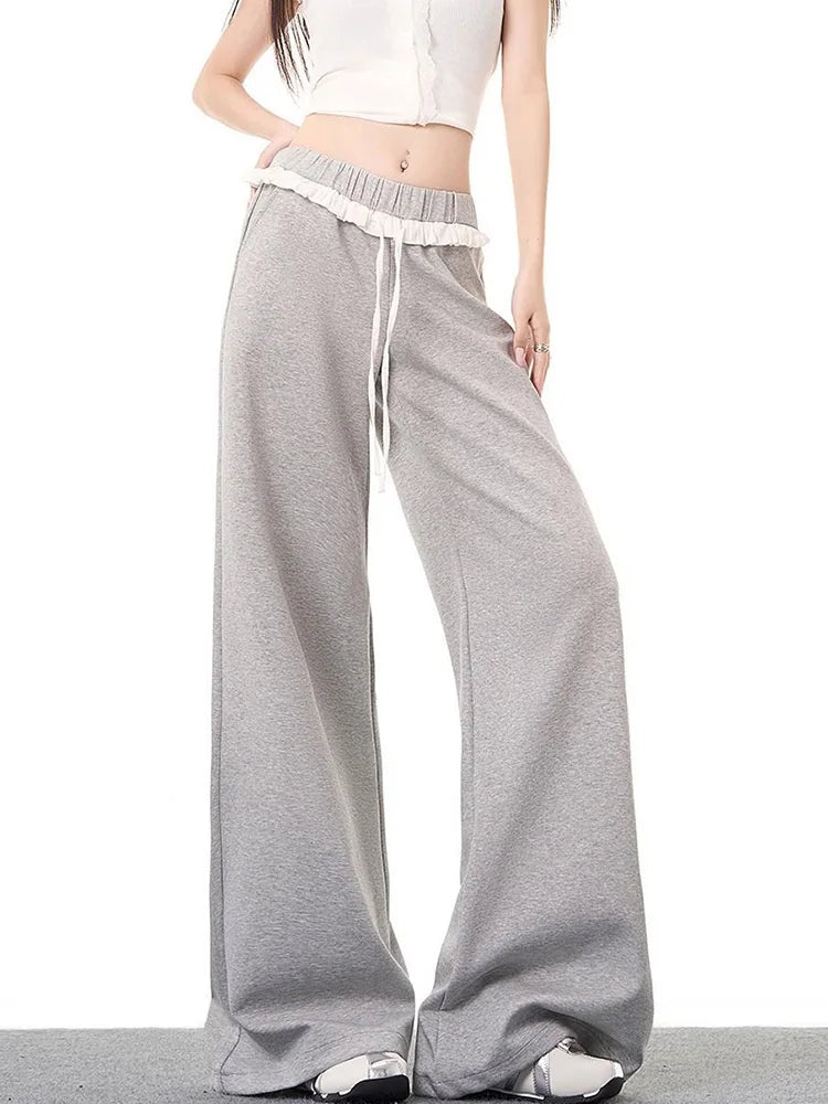 Bxoxo Elegant Vintage Gray Sweatpants Women High Waist Korean Sweet Wide Leg Pant Fall Retro Loose Ruffles Pockets Lady Trousers