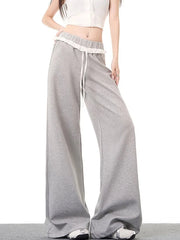 Bxoxo Elegant Vintage Gray Sweatpants Women High Waist Korean Sweet Wide Leg Pant Fall Retro Loose Ruffles Pockets Lady Trousers