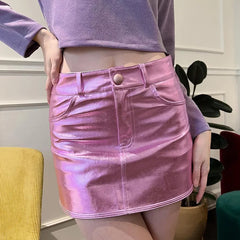 BXOXO Y2k Pink Metallic Fashion Hot Girls Short Skirt Pockets Slim Fit Bright High Waist Korean Fashion Halfskirt Women Clothing