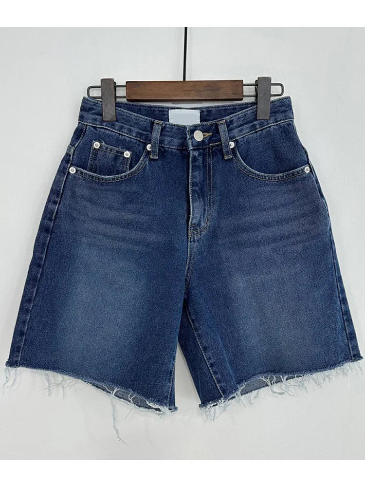 Bxoxo Summer Blue Ragged Edge Retro Versatile Denim Shorts Women's New Korean Fashion High Waist Straight Simple Women's Short Jeans