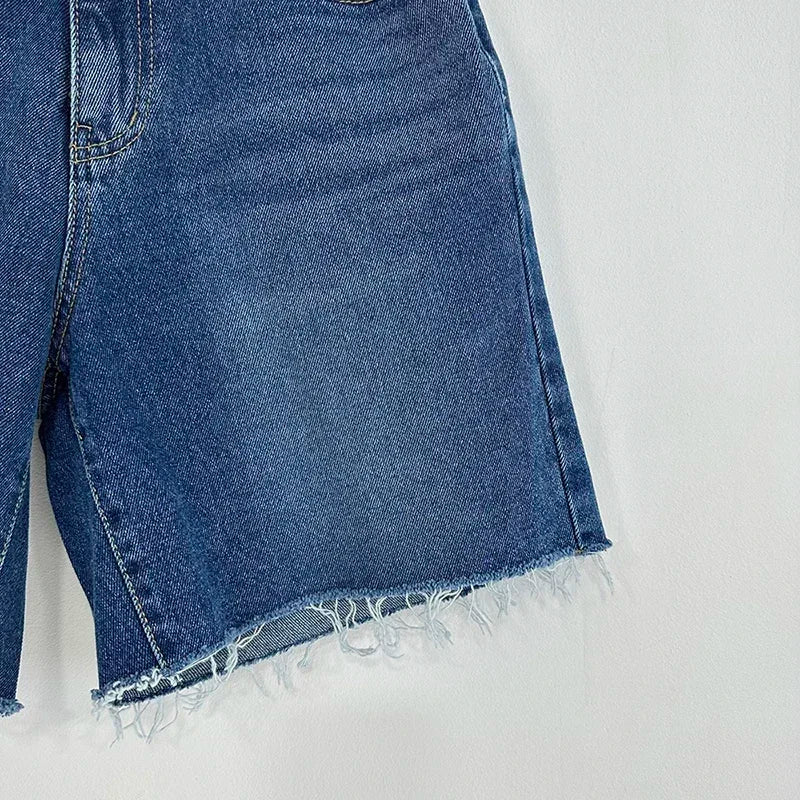 Bxoxo Summer Blue Ragged Edge Retro Versatile Denim Shorts Women's New Korean Fashion High Waist Straight Simple Women's Short Jeans