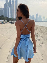 BXOXO Satin Sexy Backless Sleeveless Party Night Club Wrap Mini Dresses Spaghetti Straps Elegant Dress Solid Vestidos