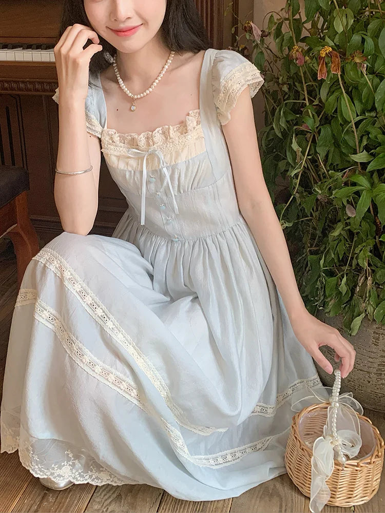 BXOXO Elegant Blue Long Dress Women Sweet Lace Patchwork Vintage Dress High Quality Casual Flying Sleeve Bow Lady Retro Vestidos