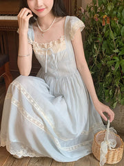 BXOXO Elegant Blue Long Dress Women Sweet Lace Patchwork Vintage Dress High Quality Casual Flying Sleeve Bow Lady Retro Vestidos