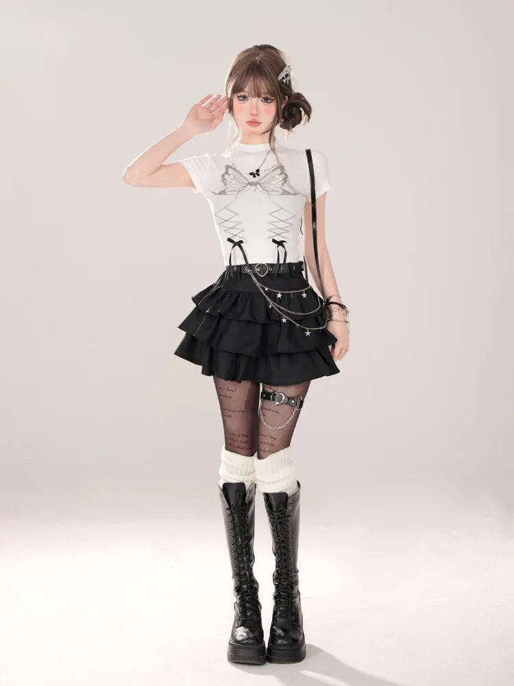 BXOXO Summer Women Lace Up Dark Academia E-girl Japanese Y2k Irregular Midi Pleated Denim Skirt Gyaru Coquette Harajuku 2000s Jean New