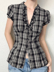 BXOXO French Chic Ruffles Elegant Women T-Shirts Simple Fashion Slim Fit All-Match Plaid V-Neck Blouses