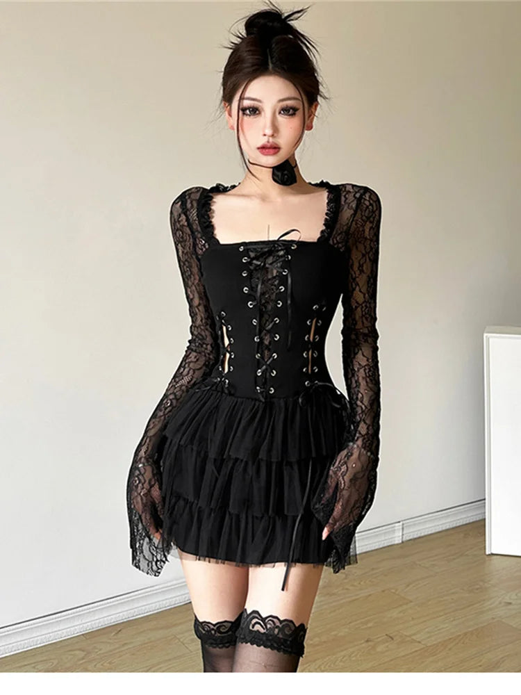 BXOXO Black Retro Mysterious Lace Sexy Mature Beautiful Sweet Gentle Personality Women Drawstring Laminated Ruffled Tutu Dress