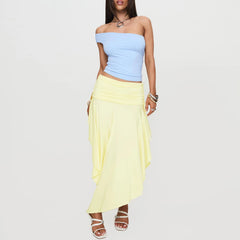 BXOXO Women's Trendy Asymmetrical Skirt Solid Color High Waist Pleated Hem Long Skirt for Travel, Beach, Shopping