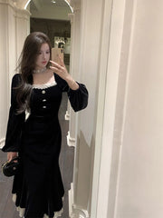 Bxoxo Lace Patchwork Black Dress Women Fall Winter French Elegant Square Collar Midi Dress Ladies Gold Velvet Party Fishtail Vestidos