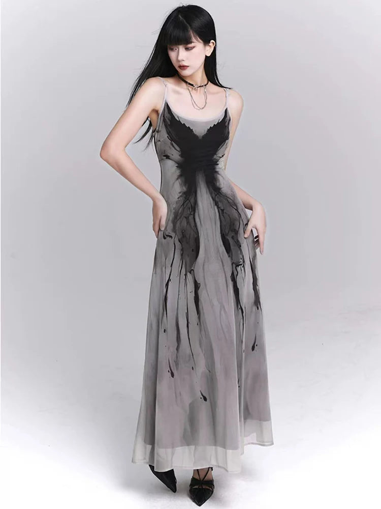 Bxoxo Retro Ink Butterfly Tie Dye Camis Dress Women Summer Slim Sleeveless Midi Dress Y2K Korean Sweet Mesh Spaghetti Straps Vestidos
