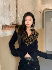 BXOXO American V-neck Leopard Print Fur Collar Cardigan Autumn Winter New Sweaters Coat Women Y2k Slim Fit Long Sleeve Tops Mujer