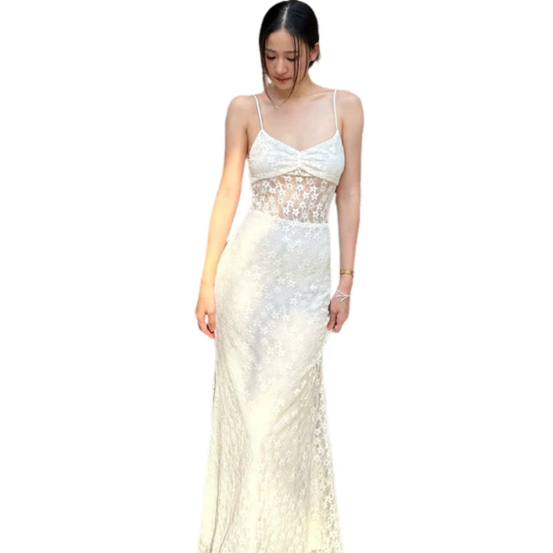 BXOXO Elegant Dress Women Jacquard Sleeveless Flower Backless Fashion Low-Neck See Through Vacation Birthday Party Vestidos