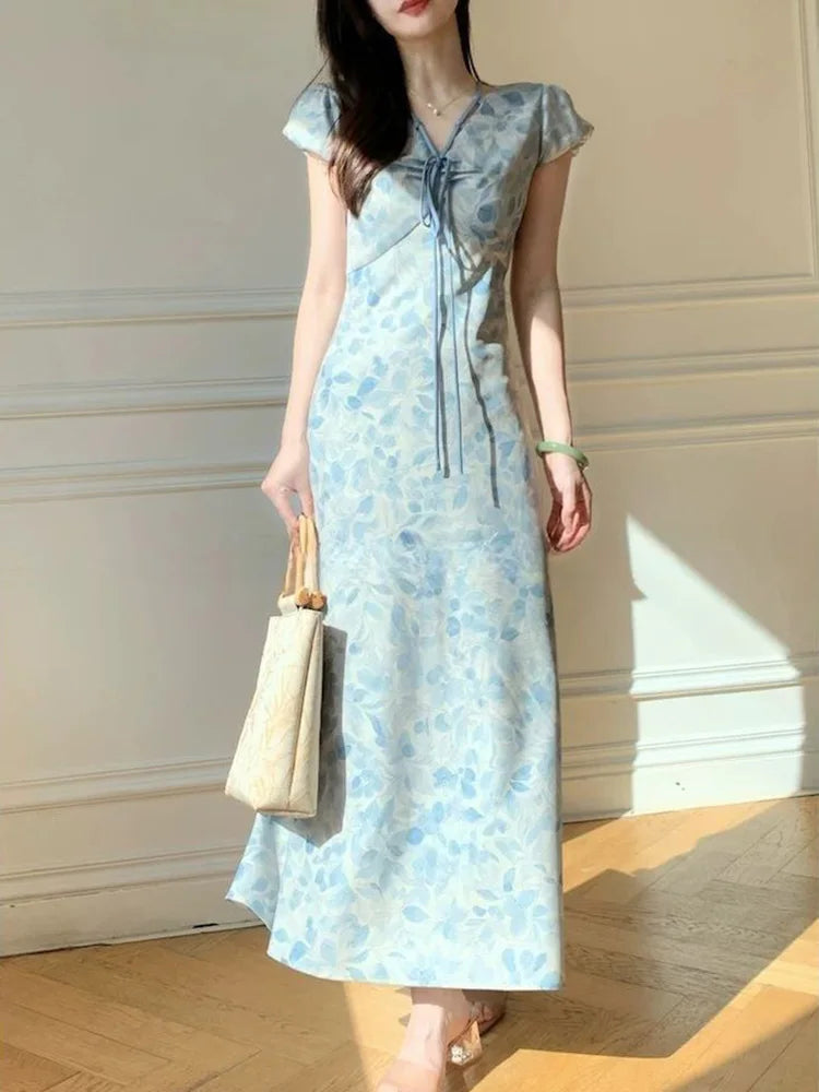 BXOXO Sweet Blue Print Long Dress Women Slim Vintage V Neck Elegant Dress Casual French Retro Lace Up Female Soft Vestidos New