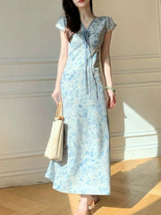 BXOXO Sweet Blue Print Long Dress Women Slim Vintage V Neck Elegant Dress Casual French Retro Lace Up Female Soft Vestidos New